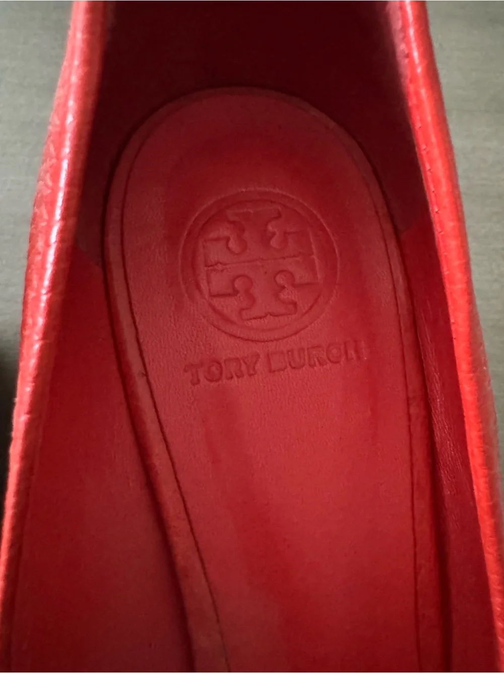 Tory Burch Coral-Red Leather Peep-Toe Wedge Pumps with Gold Logo